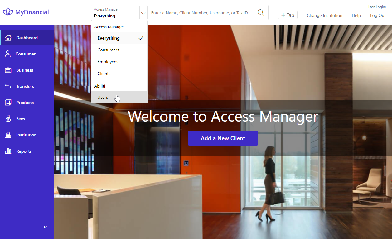 Abiliti Users selected in the Search box in Access Manager