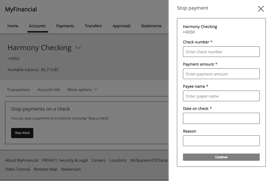 Stop pay screen with Stop payment drawer and required fields to request a stop payment