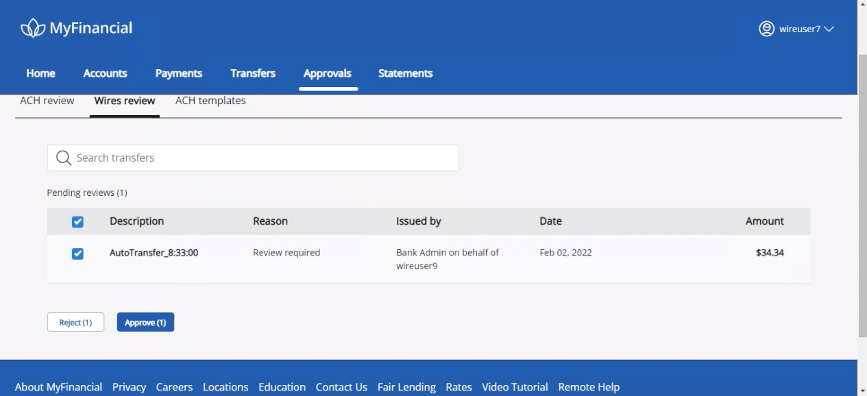 Description, Reason, Issued by, Date, and Amount colums for wires with Reject and Approve buttons