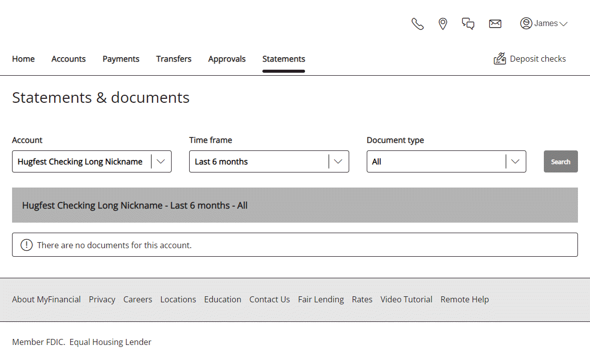 Statements and Documents page with Account, Time frame, and Document type drop-down list options with a Search button