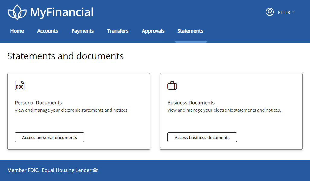 Statements and documents page for Electronic Documents (EDD) users with card to access Personal and Business documents