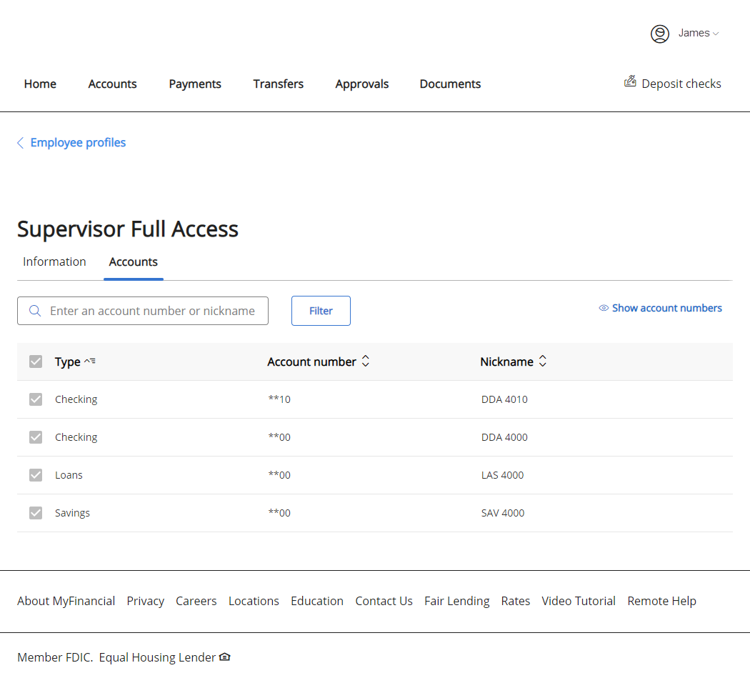 Employee accounts page with Type, Account number, and Nickname of accounts that the employee can access.