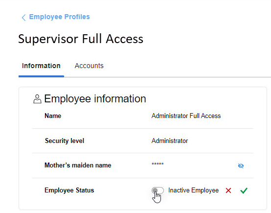 Employee information tile with Employee status toggle selected and Employee status changed to Inactive.