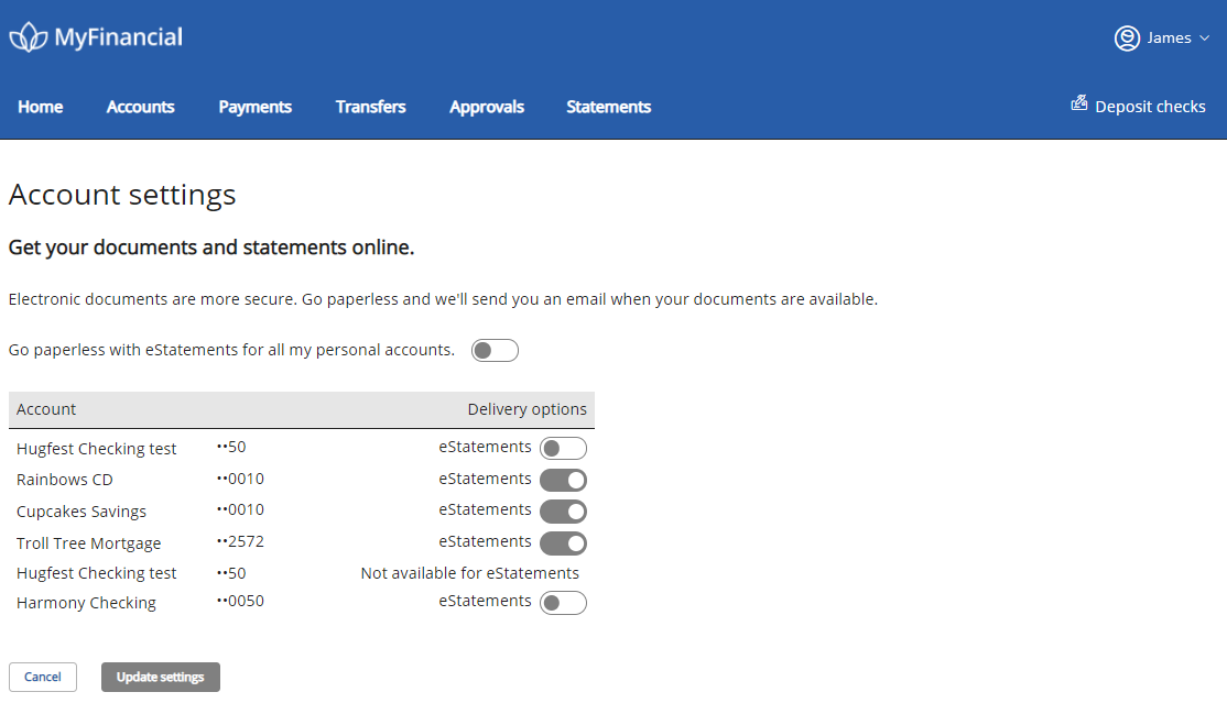 Image of Account settigns with option to go paperless with electronic statements for each account