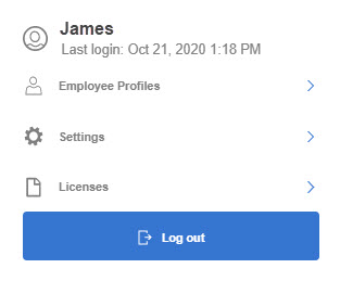 User information window with menus to Employee profiles, Settings, and Licenses.