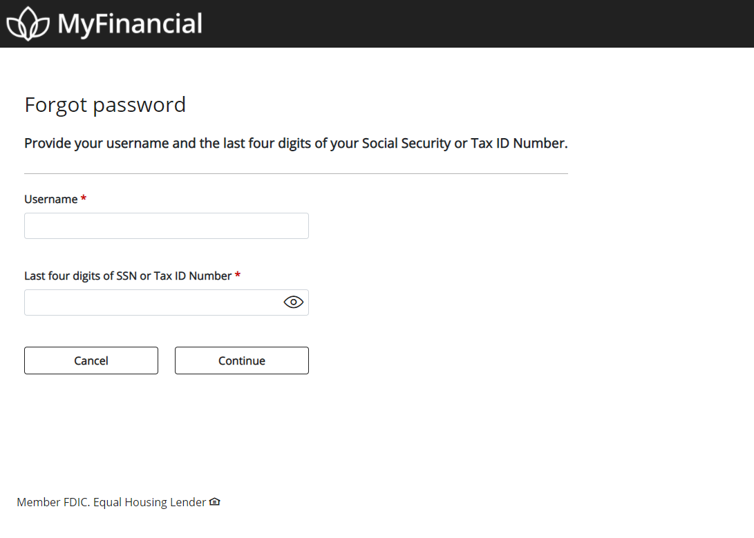 Forgot password page with Username and Last 4 digits of SSN or Tax ID Number fields
