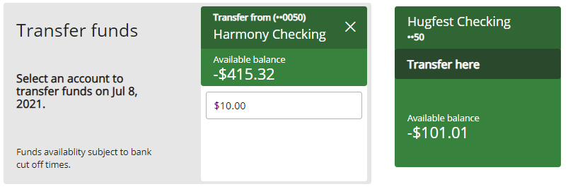 Transfer funds tile with from account selected and field to enter Transfer amount