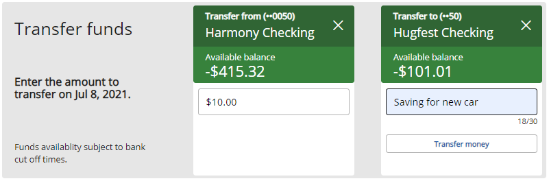 Transfer to tile with the Transfer money button image