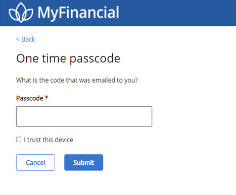 Image of One time passcode page with Code field and an I trust this device checkbox