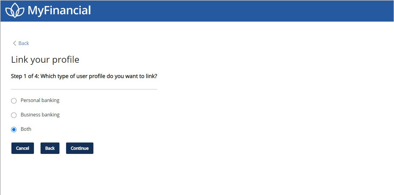 Image of Link your profile page to choose the type of user profile to link, Personal, Business or Both 