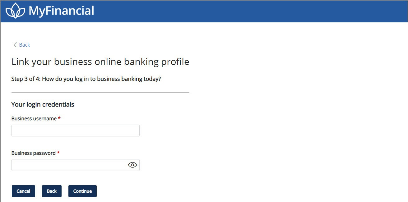 Image of Link business profile with username and password fields