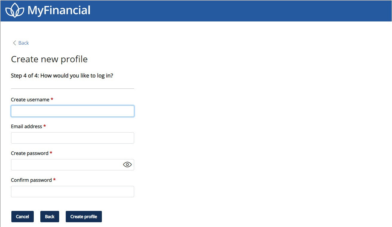 Image of Create new profile with username, email address, password, and confirm password fields