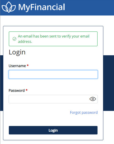 Image of Login page with message to indicate that an email has been sent to verify your email address