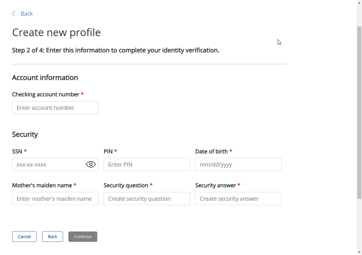 Information for identity verification including account number, SSN, Date of birth, Mother's Maiden Name, and Security question and answer