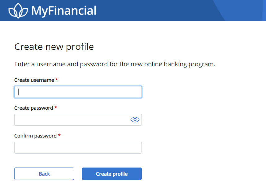 Create new username and password page including confirm password field and Create profile button