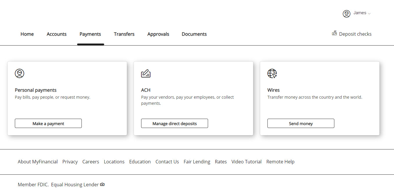 Payments menu with Personal payments, ACH, and Wires tile