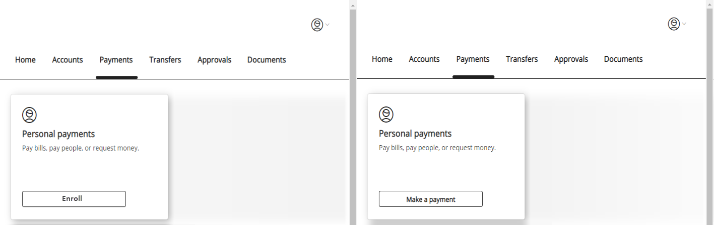 Personal payments tile with Enroll button and Make a payment button