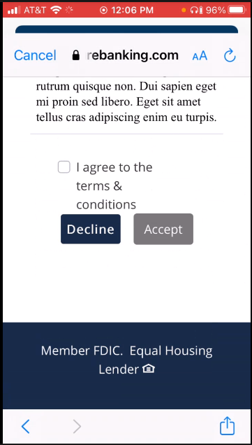 Checkbox for I sgree to the terms & conditions with Decline and Accept buttons