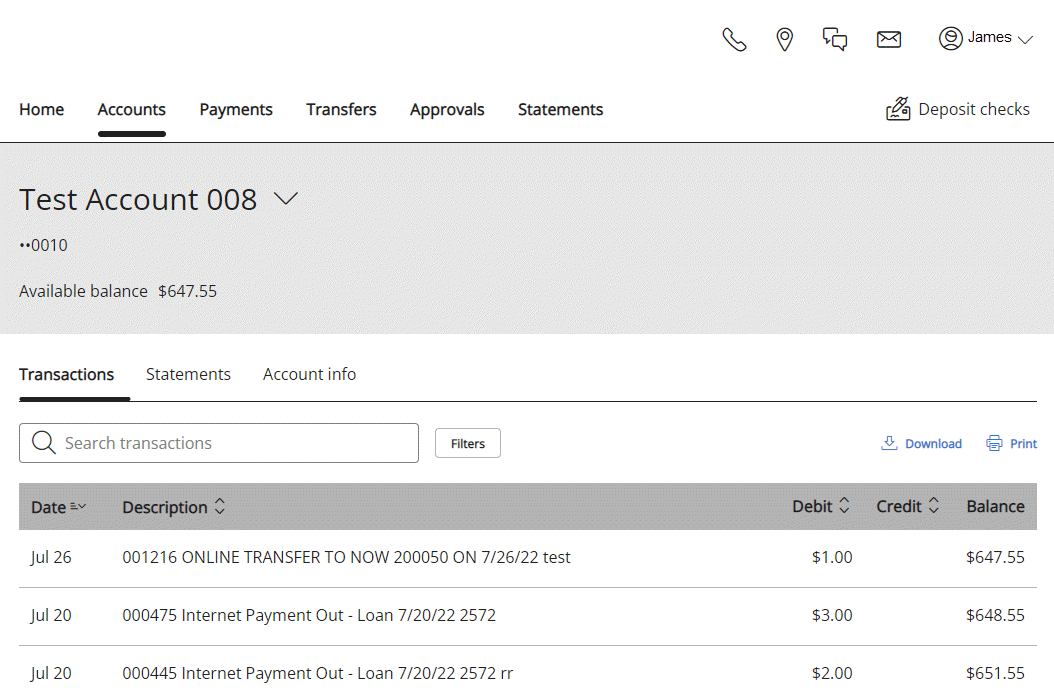 Image of the Account menu selected and the Transactions page with a list of transactions