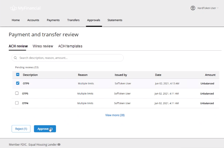 ACH review page with list of transfers that are pending review