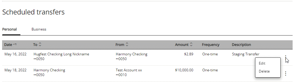 Menu after ellipses is selected to indicate Edit or Delete options for scheduled transfer