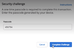 Security Challenge window with a Passcode field and a Complete Challenge button