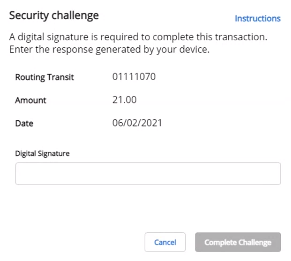 Security Challenge window with a Digital Signature field and a Complete Challenge button