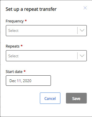 Set up repeat transfer box with Frequency, Repeats, and Start date fields and with Cancel and Save buttons