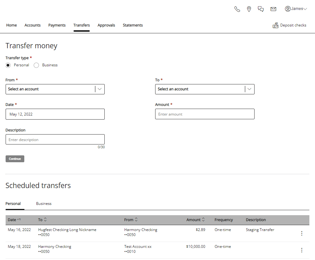 Transfer money page with Personal or Business option and From, To, Date, and Amount fields