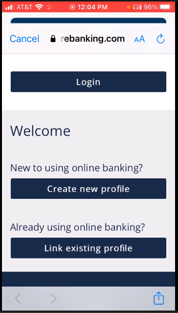 Welcome screen with "Create new profile" and "Link existing profile" options 