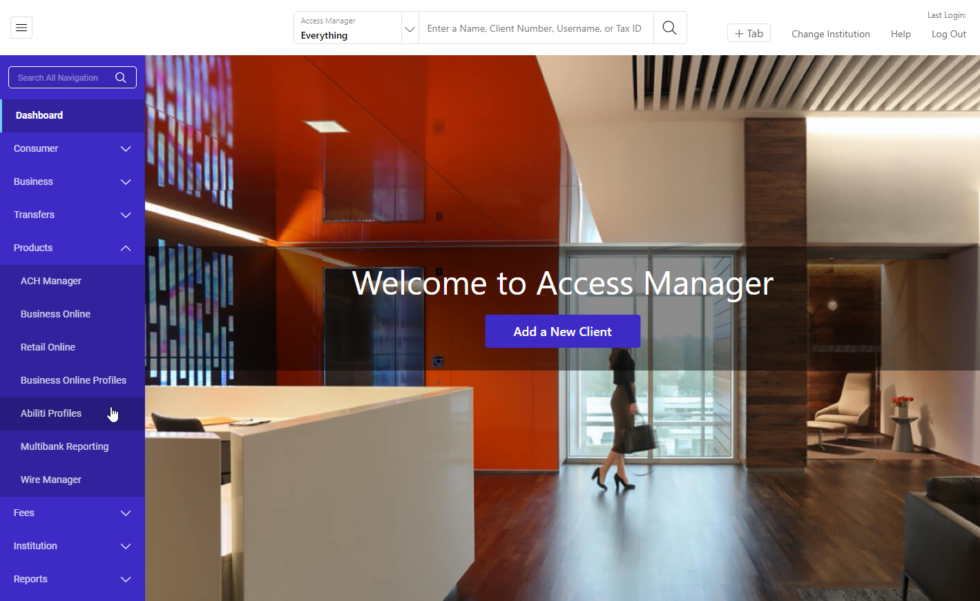 Abiliti Profiles selected from the products menu in Access Manager