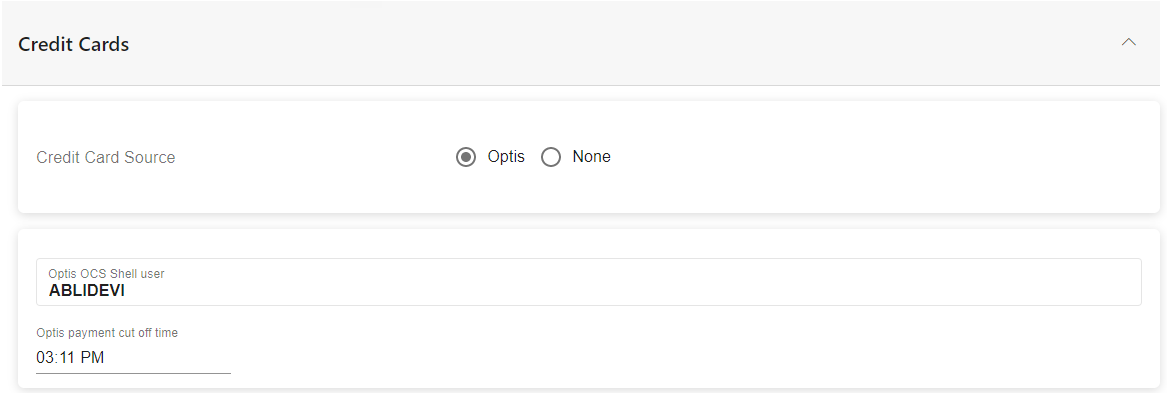 Credit Cards section with Card source, client identifier, system identifier, principal identifier, Optis user, and Optis payment cut off time fields