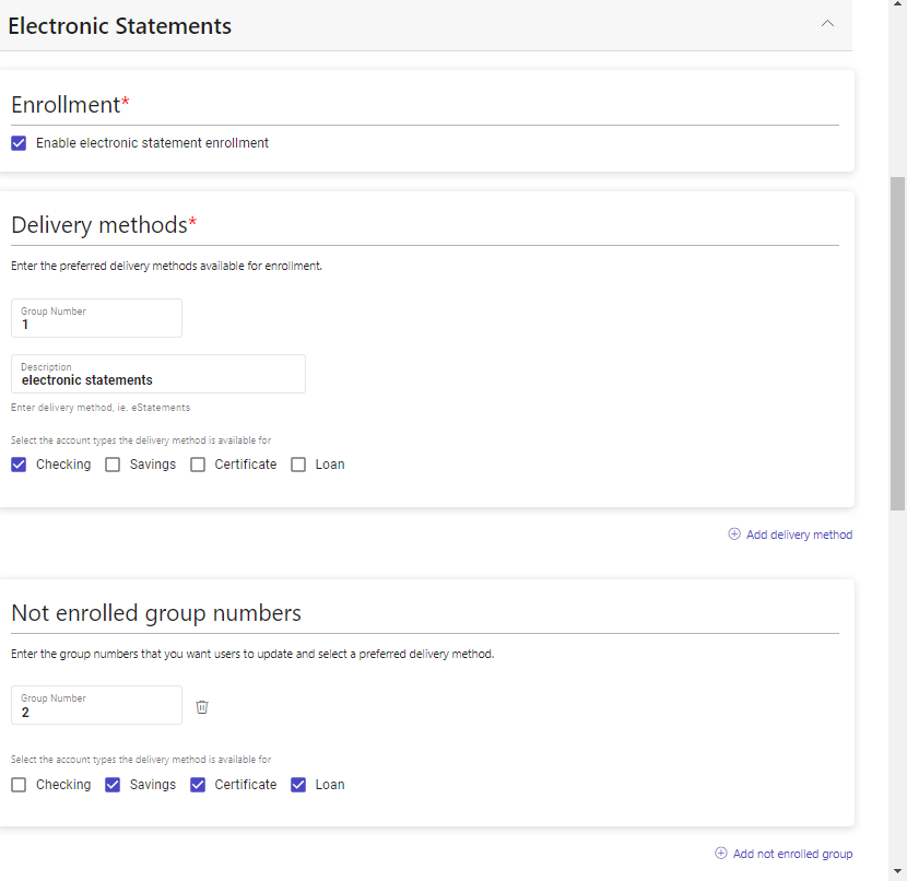 Electronic Statements enrollment checkbox with boxes for account types