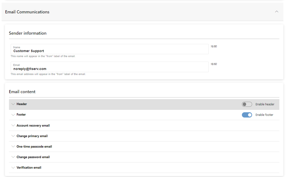 Email Communications section to edit the Sender Information and the Email Content information, including the Email Header, Footer, and Body