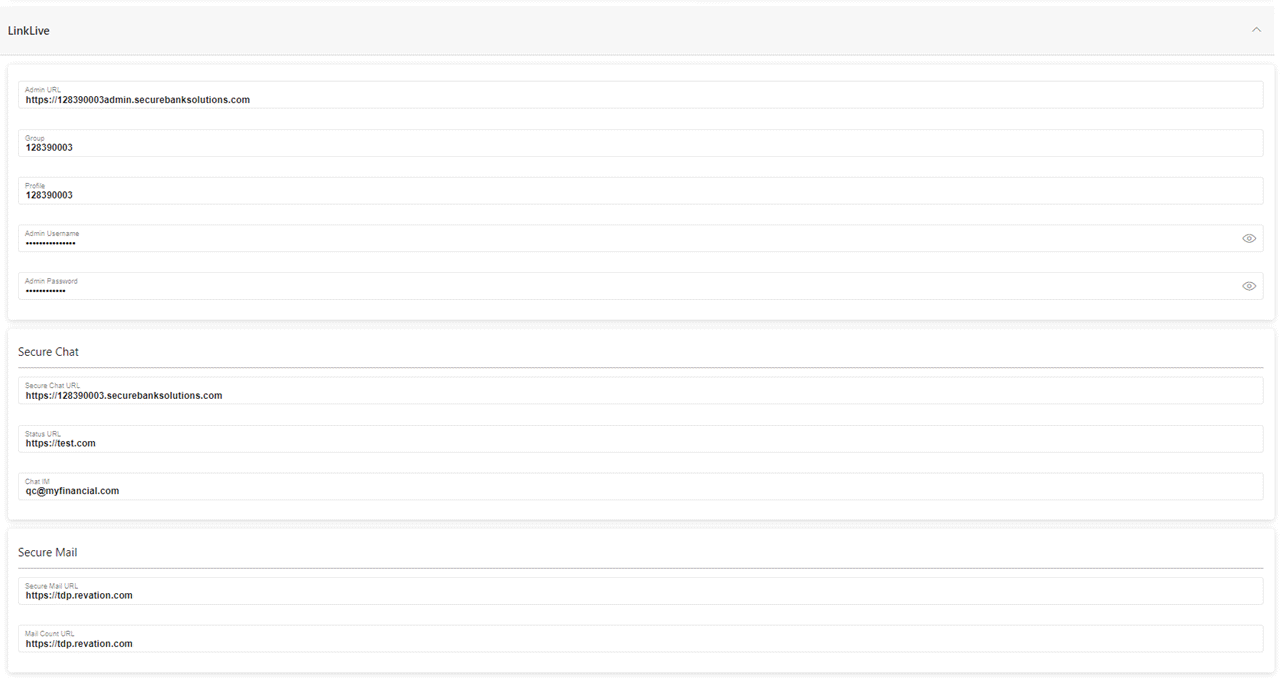 LinkLive section to edit the Admin and Group information, Secure Chat, and Secure Mail