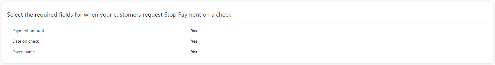 Stop Payment section to edit the required fields for Abiliti users when entering a stop payment on a check