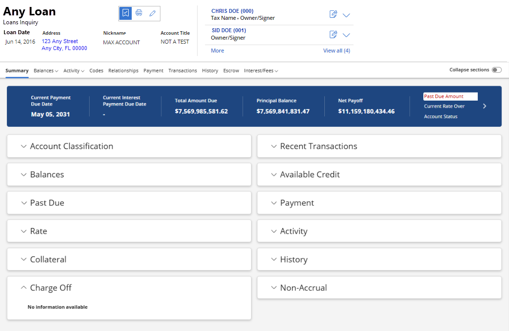 Loan Account Dashboard with Loan Date, Address, Nickname, Account Title, Tax Name, Owner/Signature and the Loan Account Summay page below.