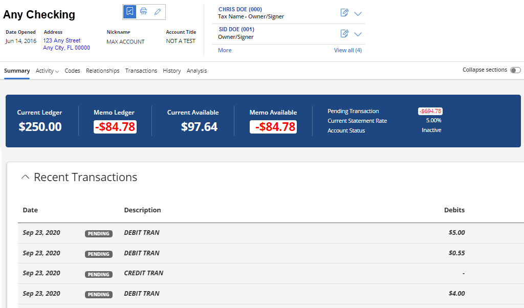 Account Dashboard with Date Opened, Address, Nickname, Account Title, Tax Name, Owner/Signature and the Account Summay page below.