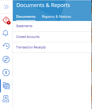 Documents window with statements, closed accounts, and transaction receipts listed