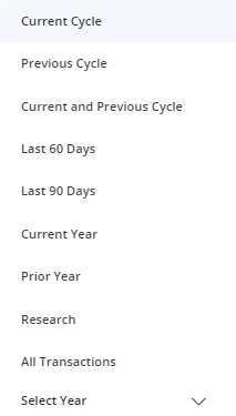 Transaction options including a cycle dropdown menu, Filter, Details button, and Reversals button.