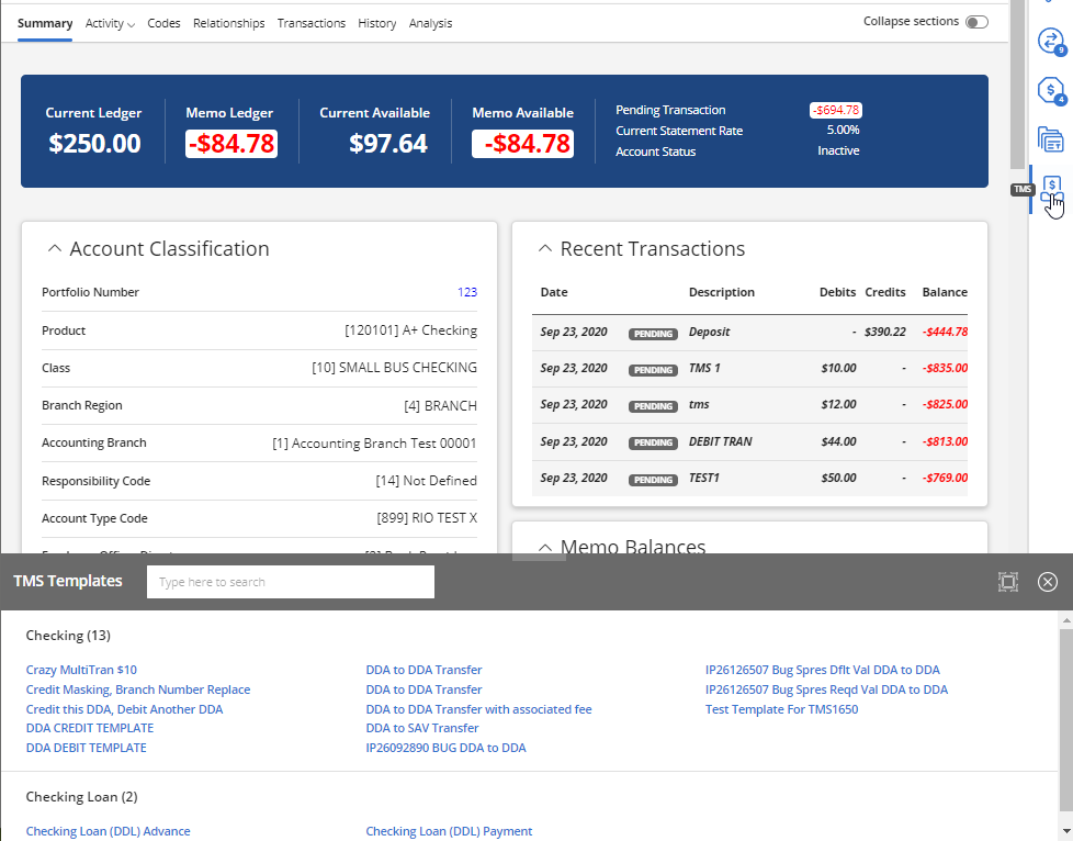 Image of a Checking Summary page and the Transaction Management System open with templates to choose from.