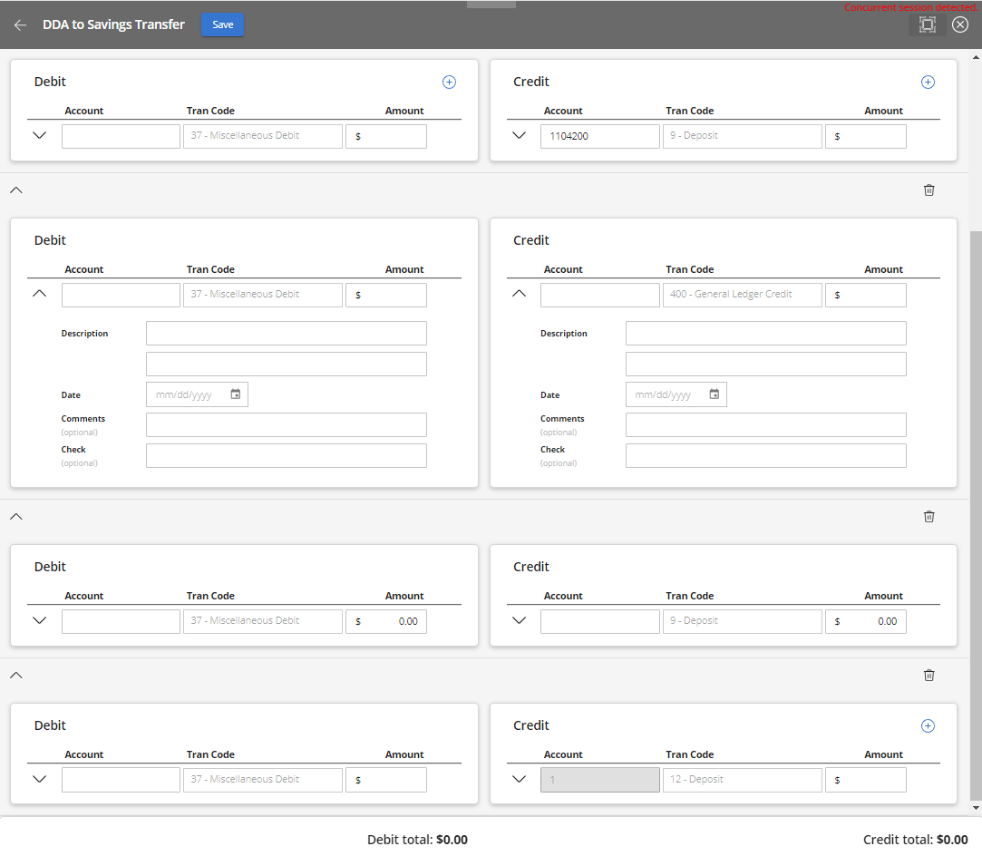 Image of a Transaction Template with sections for Debit and Credit information.