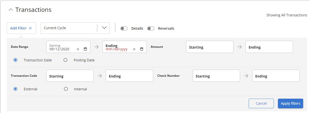 Filter options to filter transactions by Date Range, Transaction Code, Amount, and Check Number.