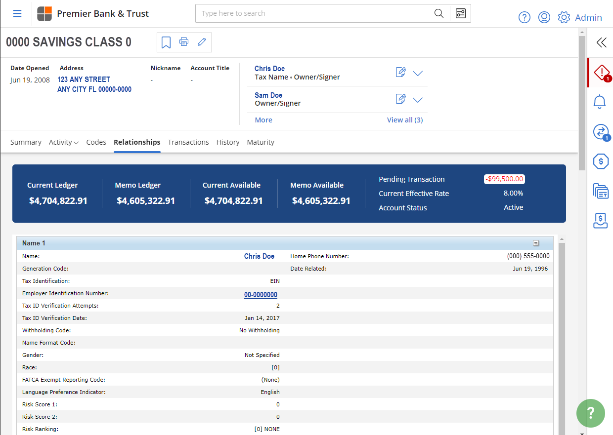 Account Dashboard with Account Number, Date Opened, Address, Name, and the Account Relationships page below.