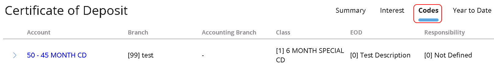 Certificate of Deposit tile with Codes selected.