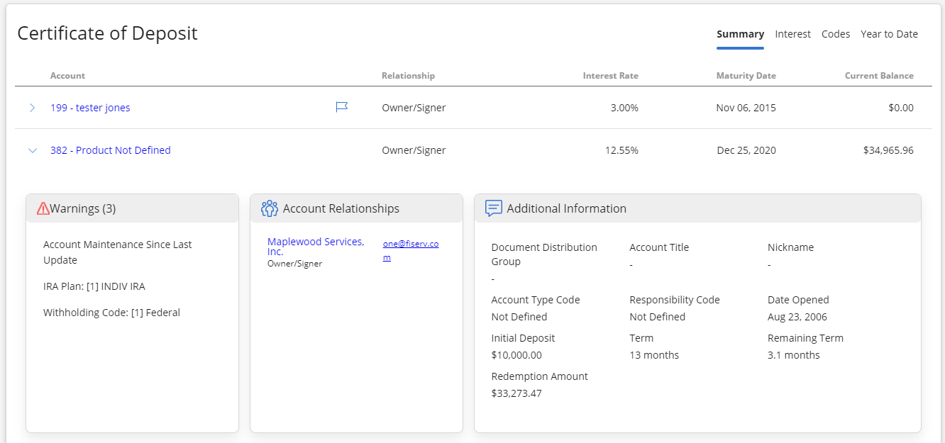 Certificate of Deposit table with account expanded to show  Warnings, Account Relationship, and Additional Information 