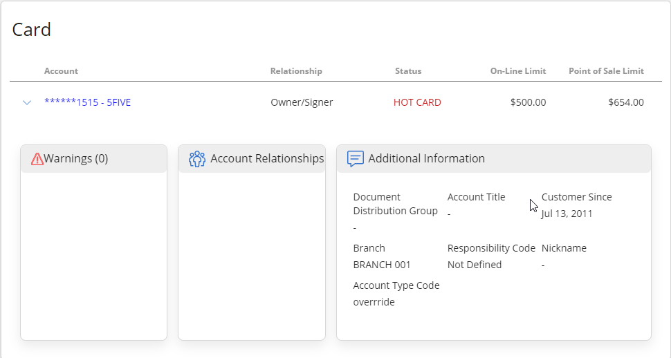 Card table with card account expanded to show Warnings, Account Relationships, and Additional Information