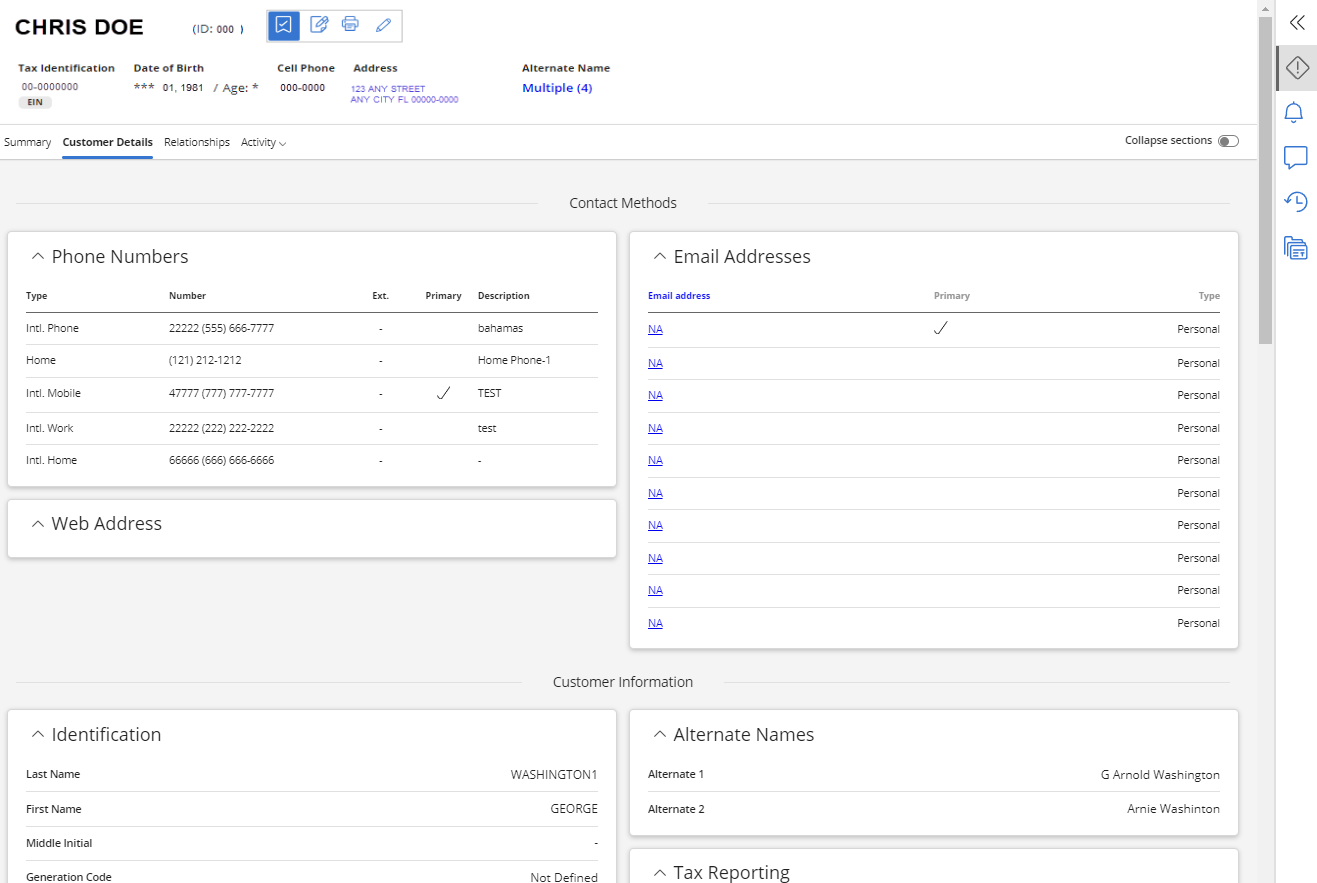 Customer Dashboard with Tax Identification number, Date of Birth, Phone Numbers, Address, and the Customer Details page below.