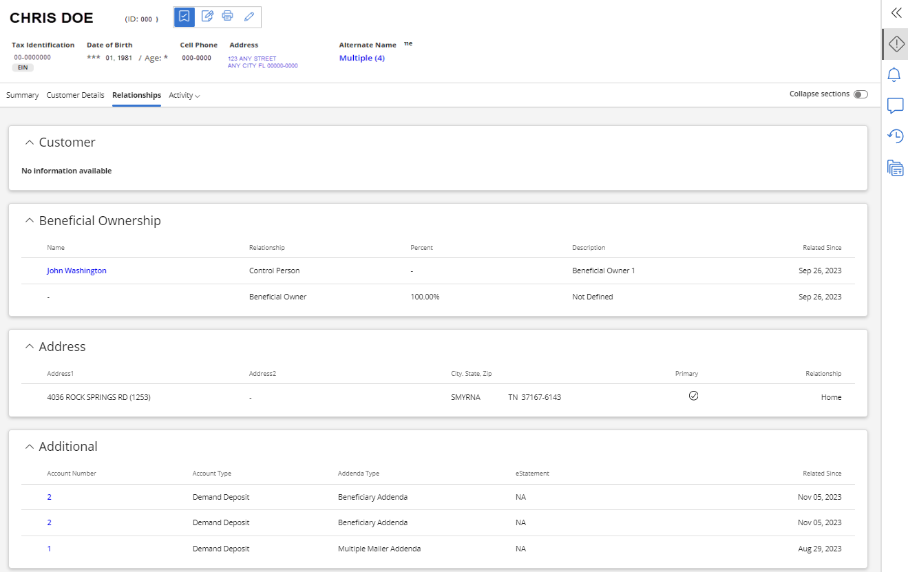 Customer Dashboard with Tax Identification number, Date of Birth, Phone Numbers, Address, and the Customer Relationships page below.