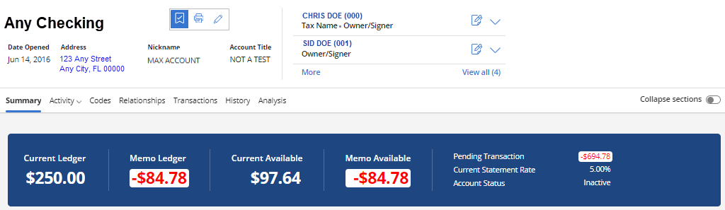 Account Dashboard with Date open, Address, Nickname, Account Title, and Name.